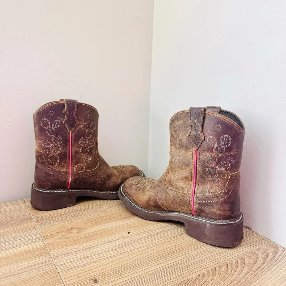 Justin Glitzi Light Up Round Toe Brown Leather Western Boots Girls Size 1